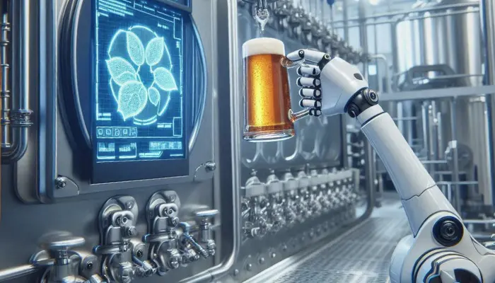 Tecnologia na cervejaria - braço robótico segurando uma cerveja